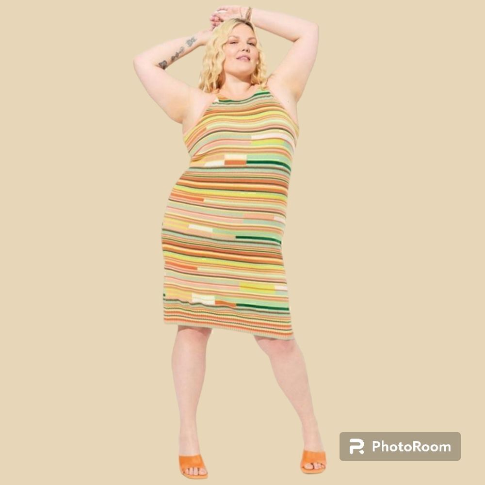 5X 28W Torrid Crochet 70s Knit Mini Sweater Dress Orange Green Sherbet Stretch c